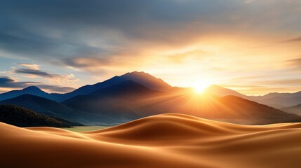 Captivating desert landscape with dramatic mountain silhouettes against a stunning sunset sky creating an ethereal and serene atmosphere of tranquility and vastness