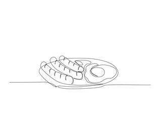 Continuous one line drawing of American breakfast . sunnyside up eggs and sausage in single line draw illustration. Editable stroke.