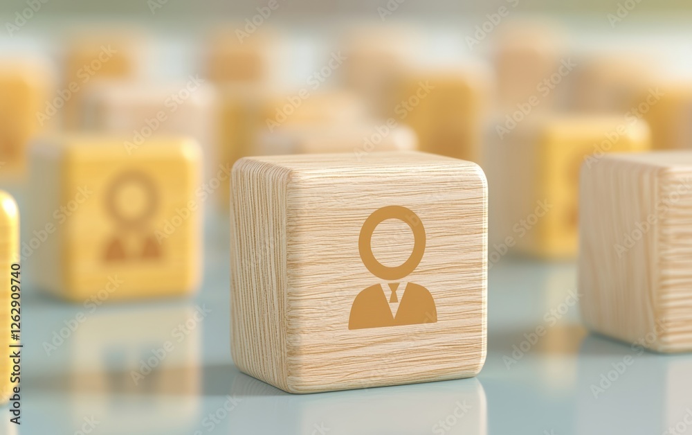 Poster abstract representation of teamwork and networking using wooden blocks with human icons, symbolizing