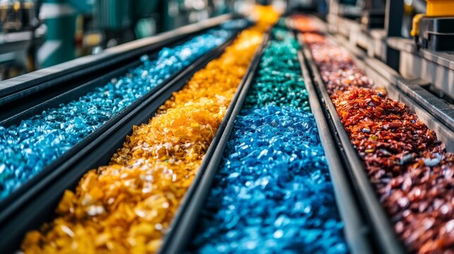 This sorting machine is actively processing various types of recyclable materials, separating them into distinct sections based on their color and size in a recycling facility.