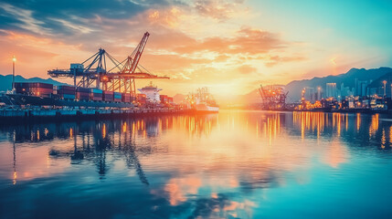 Container truck in ship port for business Logistics and transportation of Container Cargo ship and Cargo plane with working crane bridge in shipyard at sunrise, logistic import export and transport