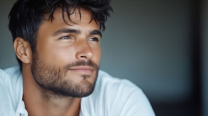 Obraz premium A man with a beard and a white shirt looking away from the camera