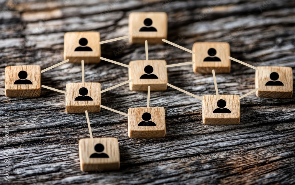 Poster conceptual image of a network diagram representing connections between individuals using wooden bloc