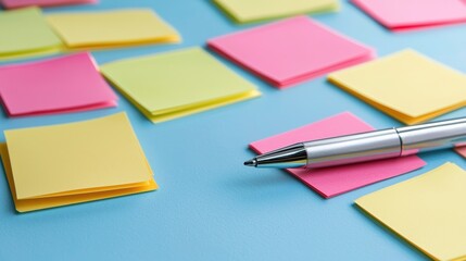 Colorful sticky notes and a silver pen on a blue background, perfect for organizing ideas, reminders, and notes.
