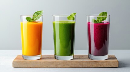A trio of colorful and visually appealing smoothies in glasses featuring different fruit and vegetable combinations arranged on a wooden tray against a minimalist background