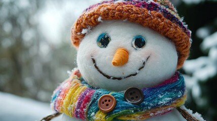 A whimsical snowman with mismatched buttons, a crooked carrot nose, and a scarf made of rainbow-colored yarn, beaming with delight.