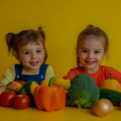 Fototapeta premium Nutritious snack for kids, vibrant background of fresh fruits and vegetables promoting healthy eating
