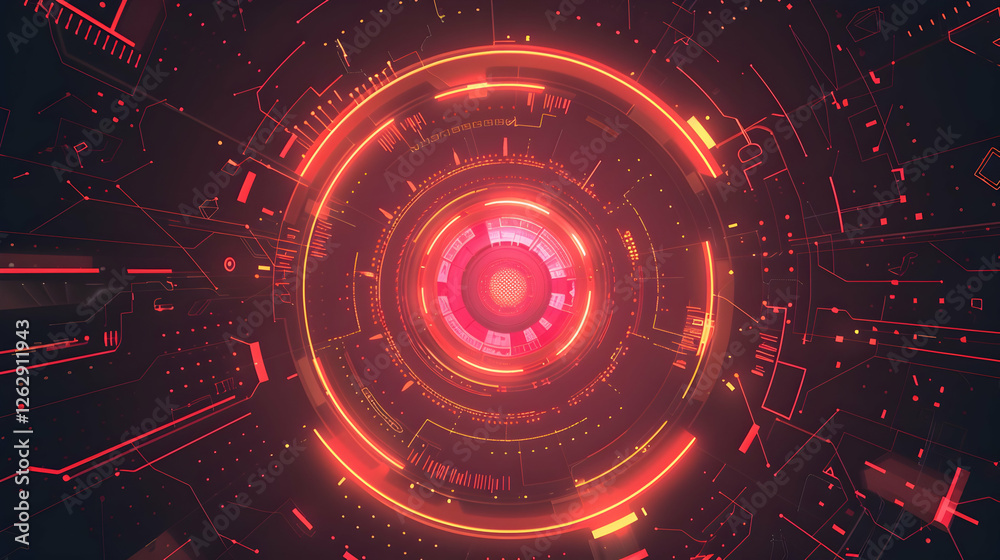 Poster abstract digital background featuring vibrant red circular patterns and intricate circuitry design