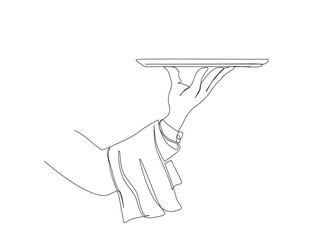 Continuous one line drawing of hand holding tray. Waiter hand holding tray  in single line draw illustration. Editable stroke.