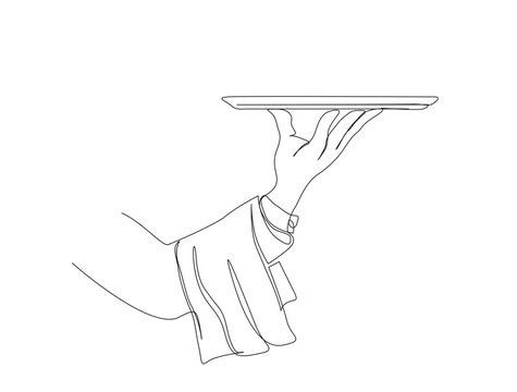 Continuous one line drawing of hand holding tray. Waiter hand holding tray  in single line draw illustration. Editable stroke.