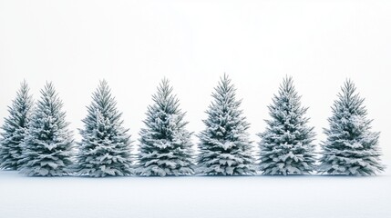 Obraz premium A row of evergreen trees in the snow. Christmas tree collection with christmas tree. A snowy background with a white snow. A line of coniferous trees surrounded by lifestyle snow.