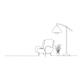 Continuous one line drawing of living room interior. Armchair ,flloor lamp and house plant in single line draw illustration. Editable stroke.