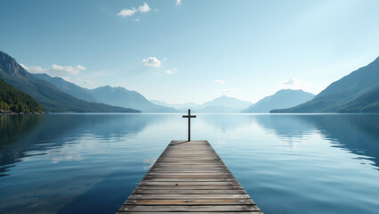 A serene Christian symbol on a dock.