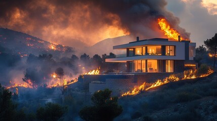 Flames engulf the hillside as a modern house stands vulnerable amidst the raging wildfire. Generative AI