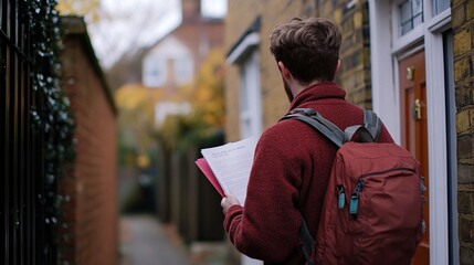 Fototapeta premium A volunteer knocking on doors, sharing leaflets and ideas, engaging in discussions that shape local communities and national policies.