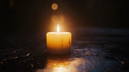 A simple candle burning brightly in the dark, with the flame providing a soft, inviting light on a black background.
