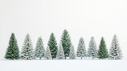 Obraz premium A row of evergreen trees in the snow. Christmas tree collection with christmas tree. A snowy background with a white snow. A line of coniferous trees lifestyle surrounded by snow.