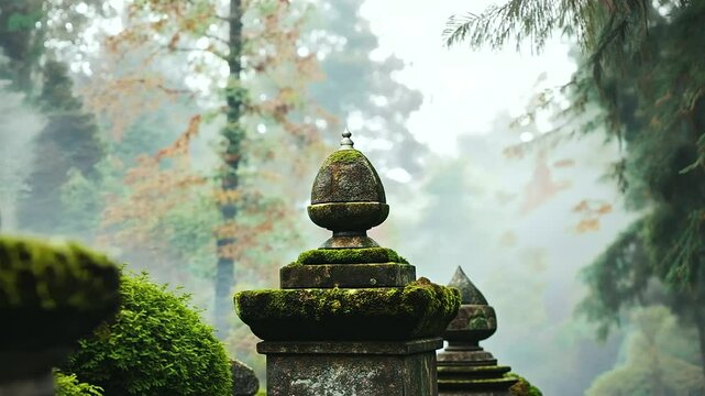 1_Foggy morning in a historic cemetery with old gravestones and statues