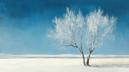 Standing alone in the snow, the tree's frosted limbs create a striking focal point in the quiet, expansive beauty of winter