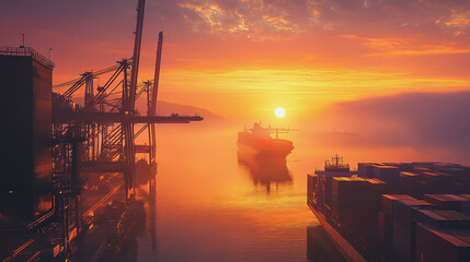 Obraz premium Container truck in ship port for business Logistics and transportation of Container Cargo ship and Cargo plane with working crane bridge in shipyard at sunrise, logistic import export and transport