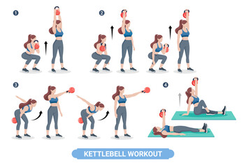 Kettlebell exercise workouts for women vector illustration.