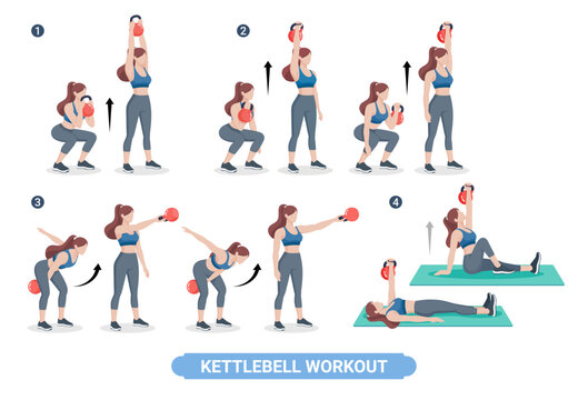 Kettlebell exercise workouts for women vector illustration.