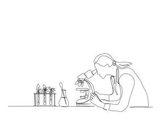 Continuous one line drawing of female scientist working with microscope in laboratory. Research and science concept in single line draw illustration. Editable stroke.