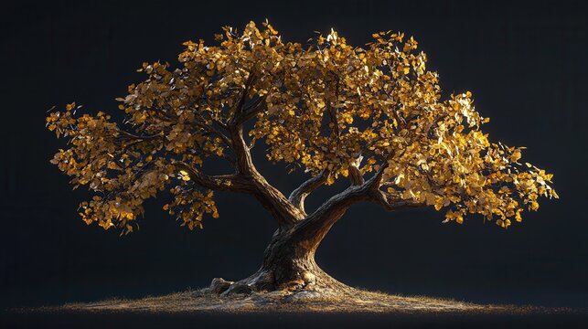 Golden autumn tree stands gracefully against a dark background, showcasing nature's beauty. Generative AI