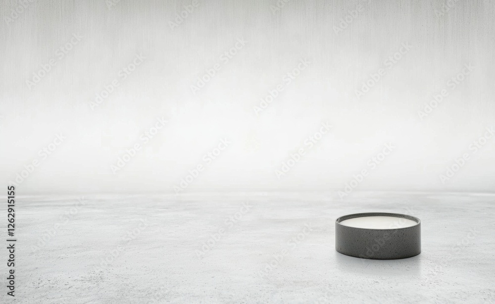 Poster single gray concrete candle placed on a white floor with a soft, minimalist background, creating a c
