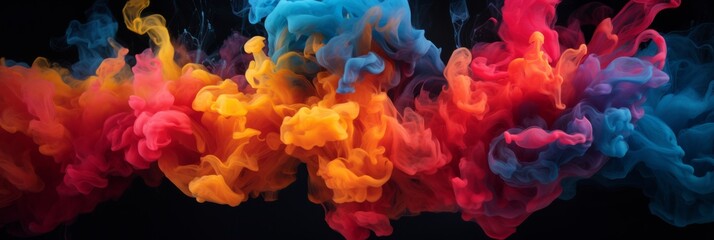 Colorful ink clouds exploding in water, creating abstract shapes against a black background, banner