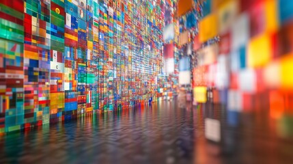 Colorful glass wall with a bright light behind it. Colorful flags on a pier. A background of many worlds. Vibrant glass wall illuminated by a bright light lifestyle from behind.