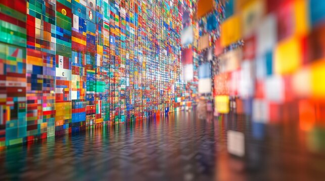 Colorful glass wall with a bright light behind it. Colorful flags on a pier. A background of many worlds. Vibrant glass wall illuminated by a bright light lifestyle from behind.