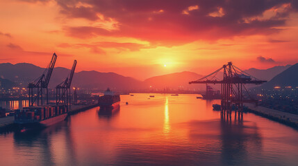 Container truck in ship port for business Logistics and transportation of Container Cargo ship and Cargo plane with working crane bridge in shipyard at sunrise, logistic import export and transport