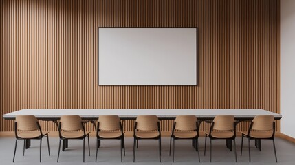 A minimalist conference room with a long table, eight chairs, and a blank whiteboard against a wooden wall.