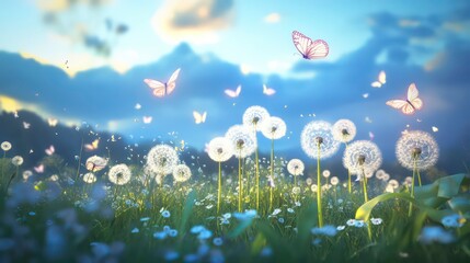 Obraz premium Dandelions and butterflies in a field at sunset.