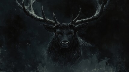 moody stag portrait black with long horns facing forward on a black background