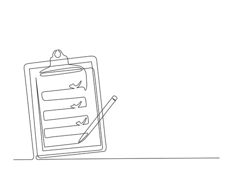 Continuous one line drawing of clipboard and pen design. Clipboard with checklist and pen in single line draw illustration. Editable stroke.