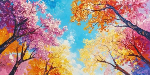 trees in full bloom, with bright blossoms against a backdrop of clear blue skies, capturing the essence of spring's beauty and renewal