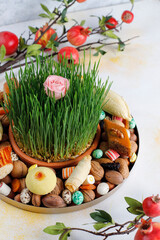 Traditional Azerbaijan holiday Novruz background with green semeni,traditional azerbaijan sweets,shekerbura,qogal,paxlava,mutaki and different nuts and sweets,top view,space for copy