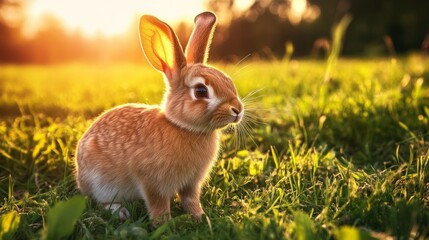 Fototapeta premium Wild rabbit(Hare) close up during sunset, on the field, ears pointed up