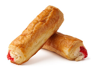 Pastry rolls filled with sweet cream and cherry topping displayed on a white background