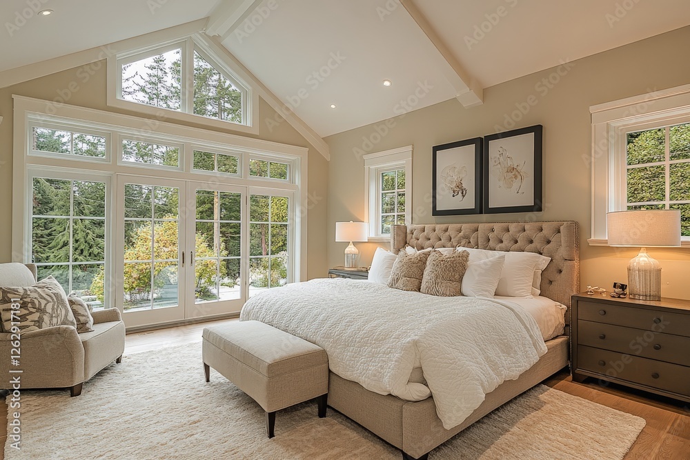 Poster modern bedroom with large windows overlooking a serene landscape and cozy decor in a calming color p