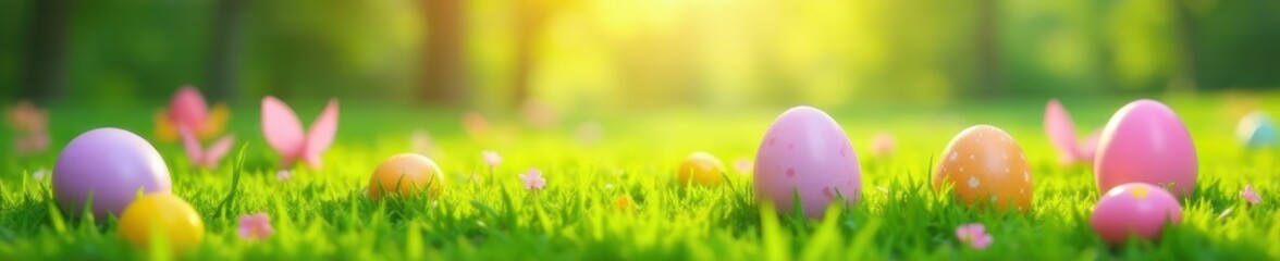 Fototapeta premium Vibrant Easter egg hunt scene with eggs in various colors on a grassy field, easter eggs, orange