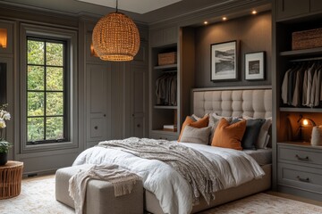Stylish modern bedroom featuring a cozy bed, rustic decor, and a warm atmosphere in a contemporary home setting