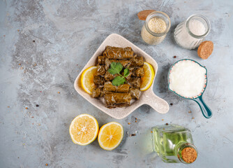 Delicious dolma (sarma) stuffed grape leaves rice.