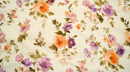 Small floral pattern, with pastel pink, red and orange flowers on a white background, and small green leaves between the flowers.