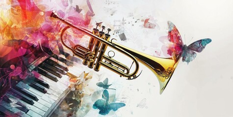Vibrant trumpet and piano illustration with colorful butterflies, showcasing the joy of music in an artistic composition full of life and color