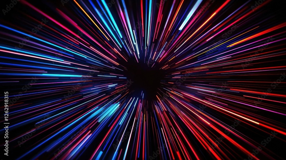 Poster vibrant red and blue light streaks create a dynamic motion blur effect, resembling a starburst or tu