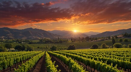 Naklejka premium Vibrant Sunset Over Lush Green Vineyard Landscape