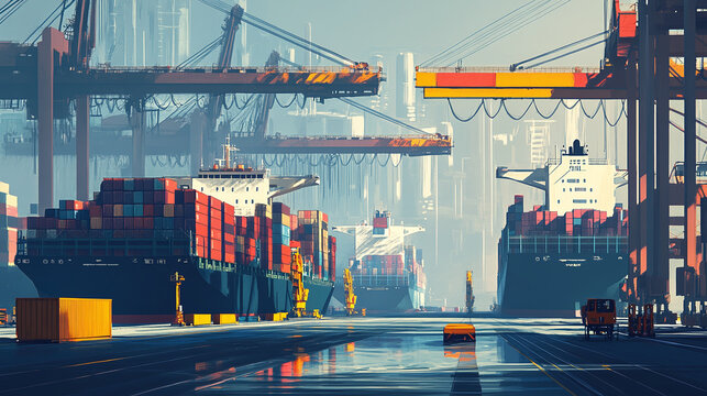 A busy port with automated cranes loading and unloading shipping containers from massive cargo ships